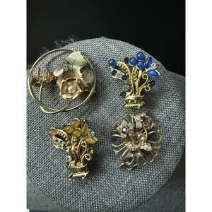 Vintage Brooch Bundle Rhinestone Gold Tone Flowers Scarf Lapel Pin Retro Whimsy